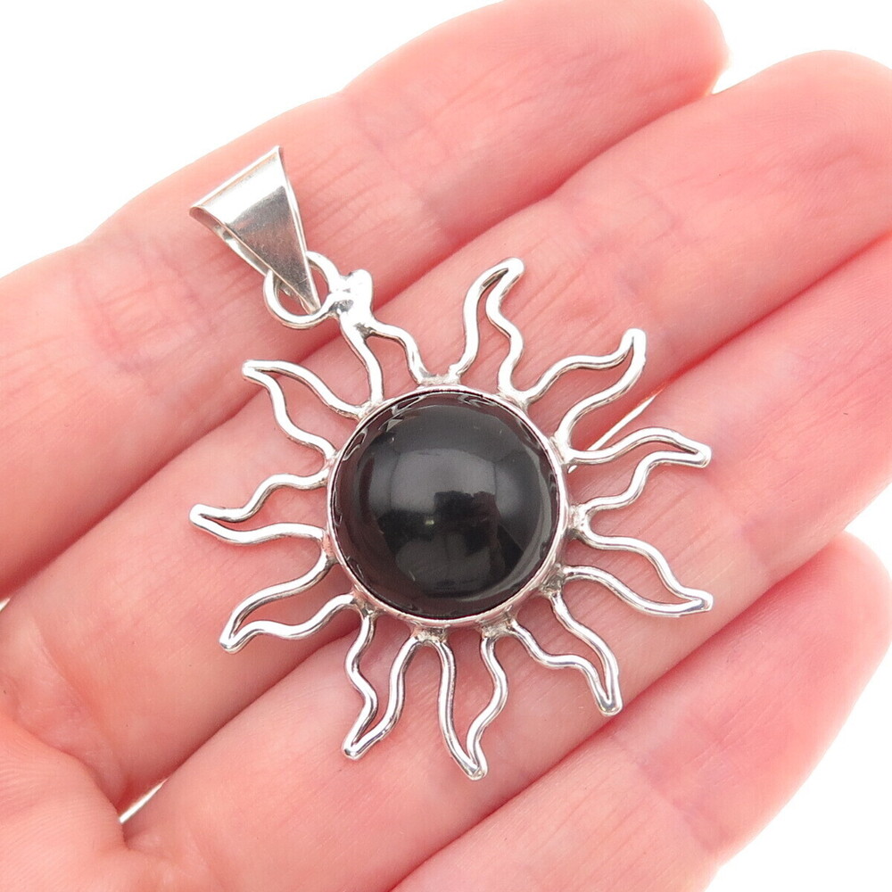 925 Sterling Silver Vintage Mexico Real Black Onyx Sun Charm Pendant